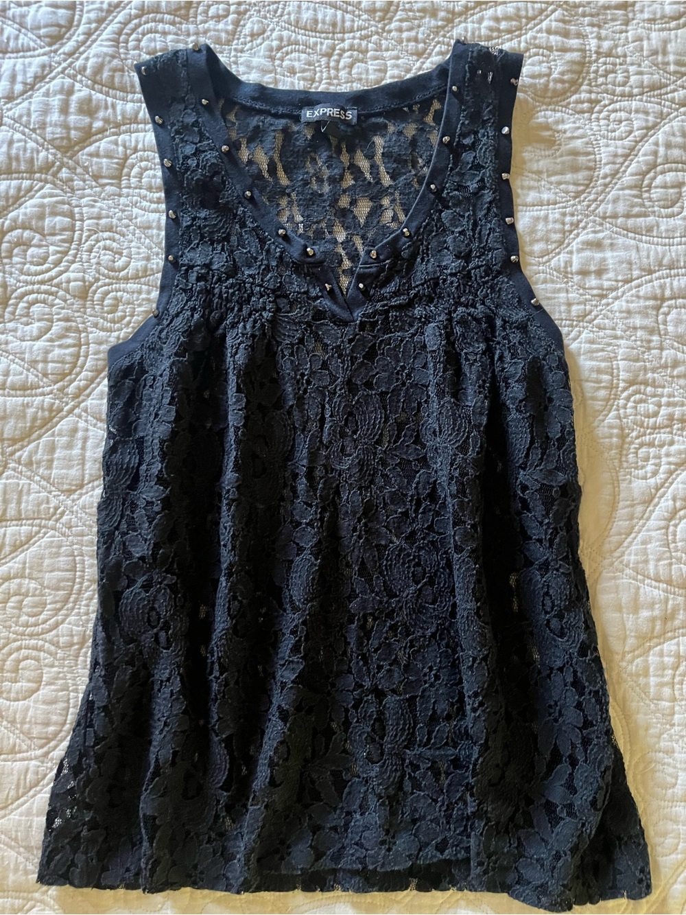 Express Women's Black Lace Sleeveless sheer V-Neck Top